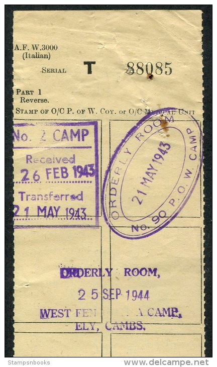 1943+ GB Italy POW Italien Prisoner Of War Camp Medical Transfer Document / Ely Cambridgeshire - Covers & Documents