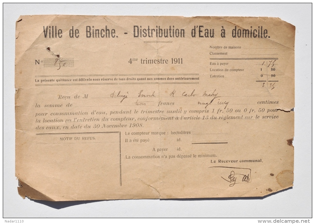 Ville De BINCHE - Distribution D'Eau à Domicile : QUITTANCE De Facture, 4e Trimestre 1911 - 1900 – 1949