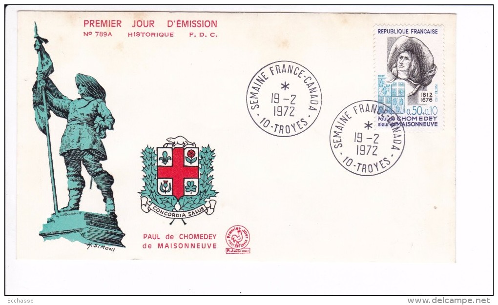 Enveloppe Premier Jour 1er FDC Semaine France Canada Troyes 1972 N° 789 A (tachée) - 1970-1979