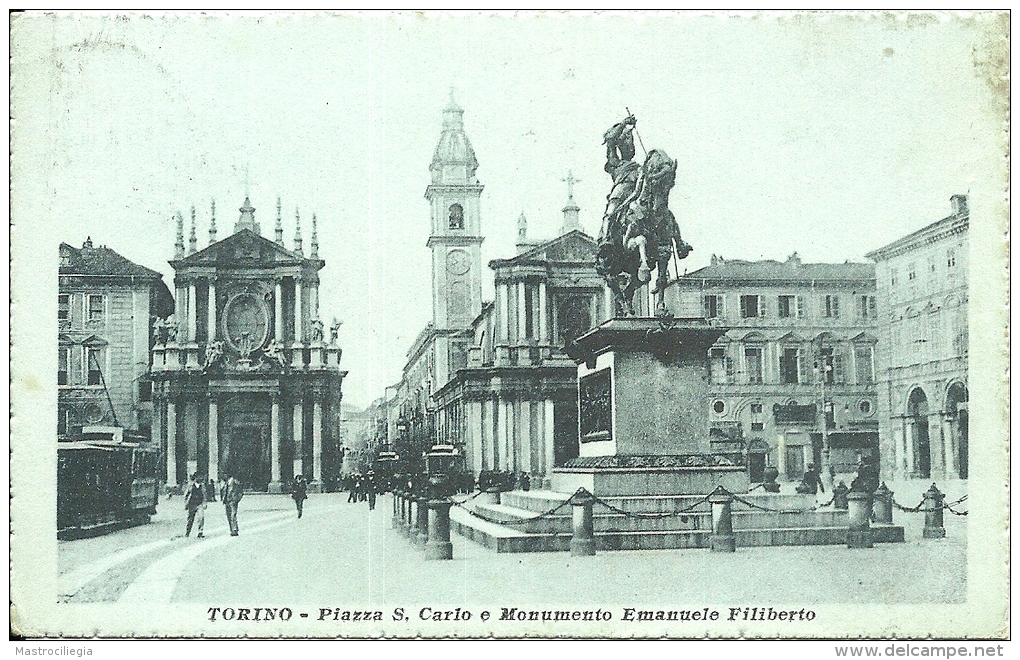 TORINO  Piazza San Carlo E Monumento Emanuele Filiberto  Animata  Tram   1917 - Transport