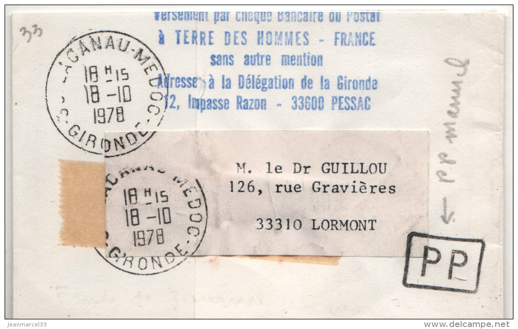 Lettre  Bande Pour Journal 33-Lacanau-Médoc I8-I0 I978 Avec Griffe PP Dans Un Rectangle - Cartas & Documentos