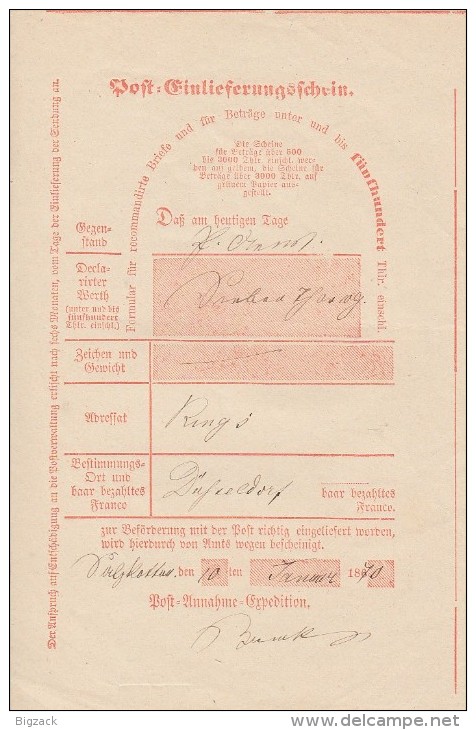 Posteinlieferungsschein Von Salzkotten Vom 10.1.1870 - Sonstige & Ohne Zuordnung