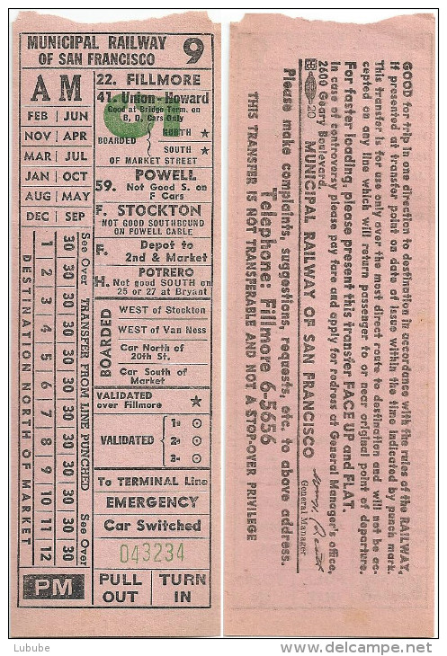 Municipal Railway Of San Francisco - Fillmore - Powell  (Line 9)            1975 - Wereld