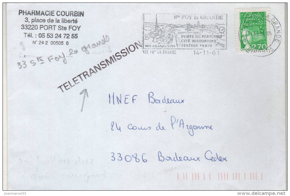 Lettre 33 Sainte Foy La Grande 14-11-01 Pour Bordeaux Cedex Griffe TELETRANSMISSION - Brieven En Documenten