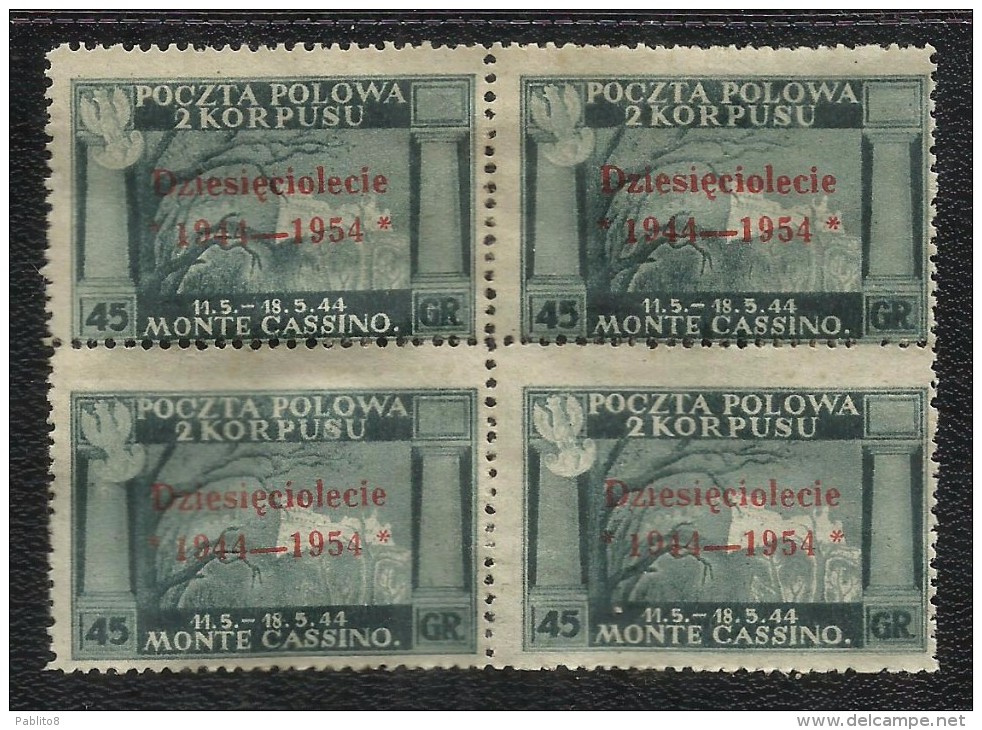 CORPO POLACCO POLISH BODY 1954 GOVERNO DI LONDRA SOPRASTAMPA VERMIGLIO VERMILION SURCHARGED 45 G QUARTINA BLOCK MNH - 1946-47 Corpo Polacco Periode