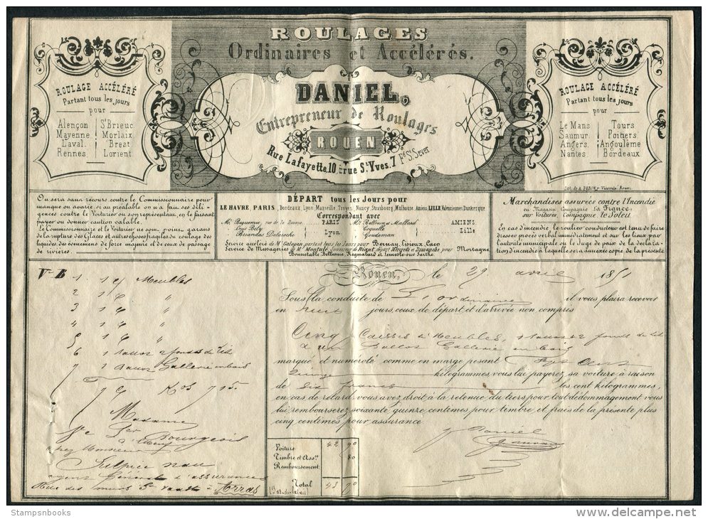 1851 Ordinaires Et Acceleres Daniel Entrepreneur De Roulages ROUEN 35 Cents Timbre Fiscal - 1800 – 1899