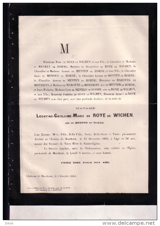 MEERHOUT Léontine De ROYE De WICHEN Née De MENTEN De HORNE 1846-1884 Doodsbrief - Esquela