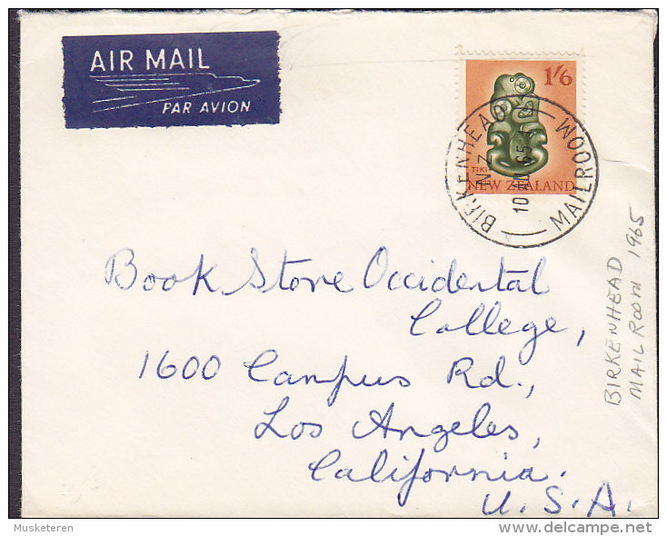 New Zealand AIR MAIL Par Avion Label Deluxe BIRKENHEAD Mail Room 1965 Cover Brief LOS ANGELES Calif USA Tiki Stamp - Corréo Aéreo