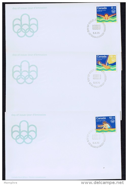 1975  Montreal Olympic Games  Water Sports  Swimming, Rowing, Sailing  Sc B4-6  On Separate FDCs - 1971-1980