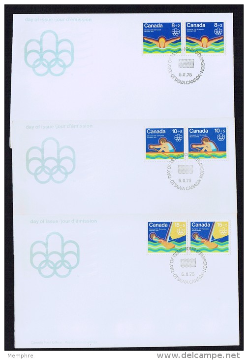 1975  Montreal Olympic Games  Water Sports  Swimming, Rowing, Sailing  Sc B4-6  Pairs On Separate FDCs - 1971-1980