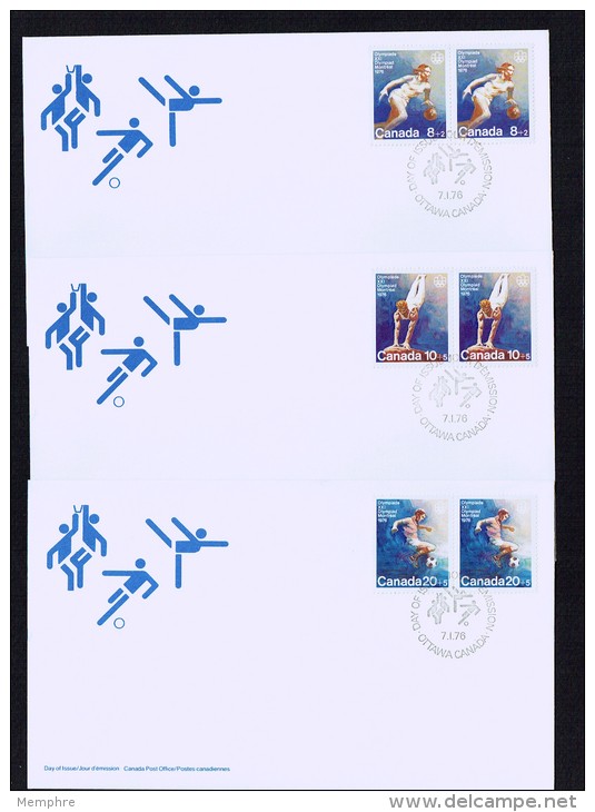 1976 Montreal Olympic Games  Basketball, Gymnastics, Football  Sc B10-12  Pairs  On Separate FDCs - 1971-1980