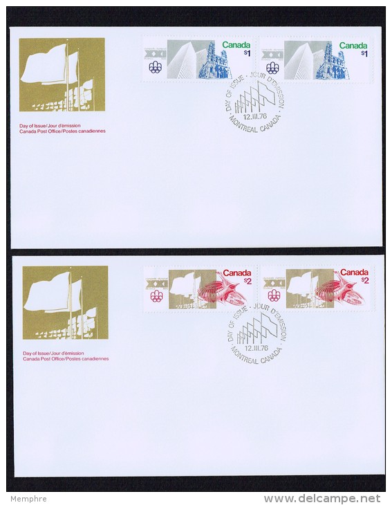 1976 Montreal Olympic Games   Olympic Sites $1 And $2 Values   Pairs On Separate FDCs - 1971-1980