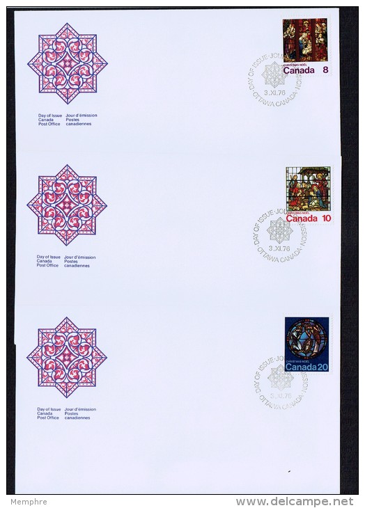 1976  Christmas Issue   Stained Glass- Nativity  Sc 697-9  Singles On Separate FDCs - 1971-1980