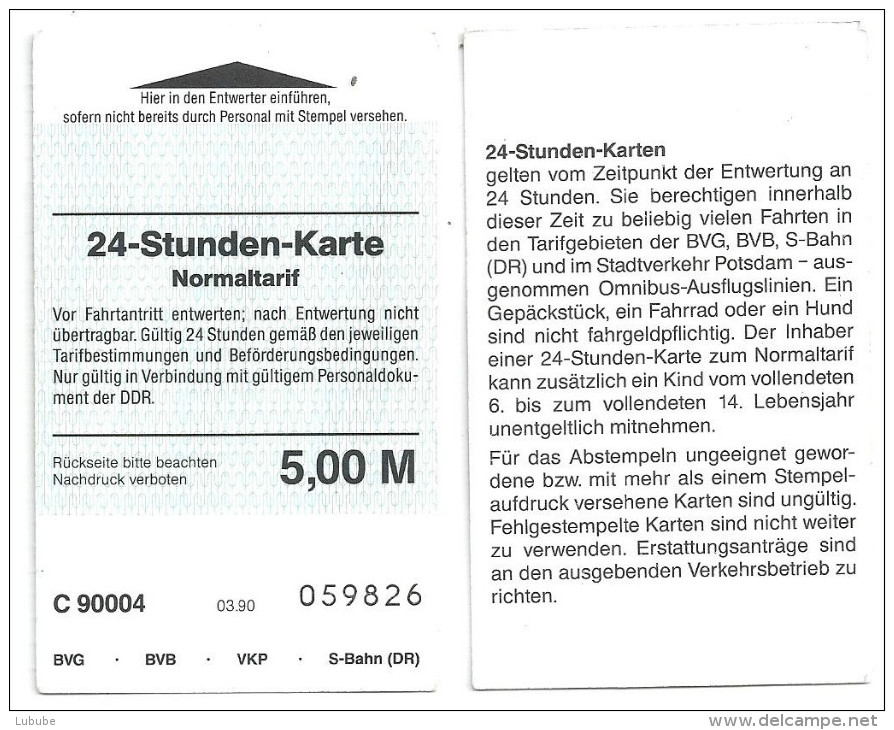 DDR - 24 Stunden Karte Normaltarif BVG BVB VKP S-Bahn (DR)                1990 - Europe