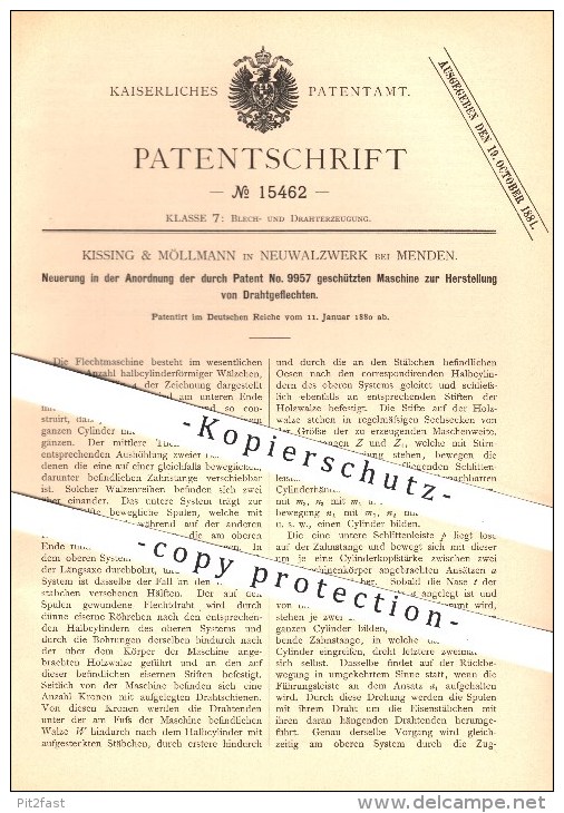 Original Patent - Kissing & Möllmann In Neuwalzwerk Bei Menden ,1880 , Herstellung Von Drahtgeflechten , Draht , Zaun !! - Menden