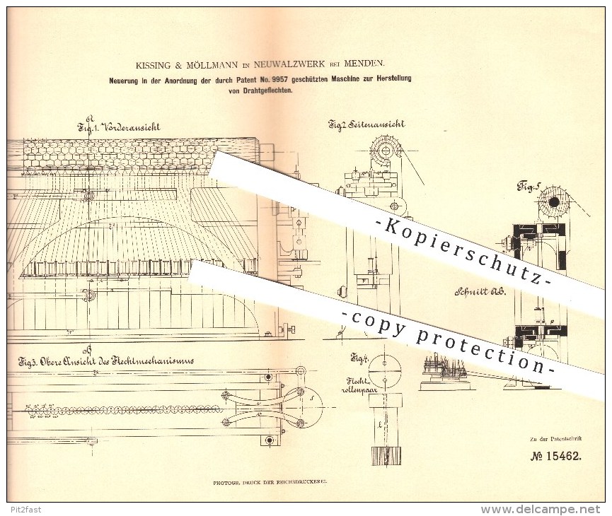 Original Patent - Kissing & Möllmann In Neuwalzwerk Bei Menden ,1880 , Herstellung Von Drahtgeflechten , Draht , Zaun !! - Menden