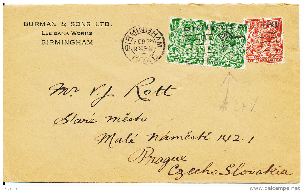 Great Britain Cover Sent To Czechoslovakia Birmingham 26-2-1924 (one Of The Stamps Is Damaged) - Brieven En Documenten