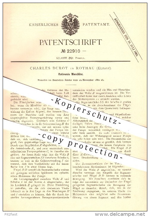 Original Patent - Charles Durot à Rothau , 1882 , Machine Tournante , Pompe !!! - Rothau