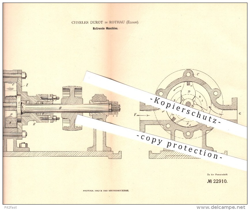 Original Patent - Charles Durot à Rothau , 1882 , Machine Tournante , Pompe !!! - Rothau