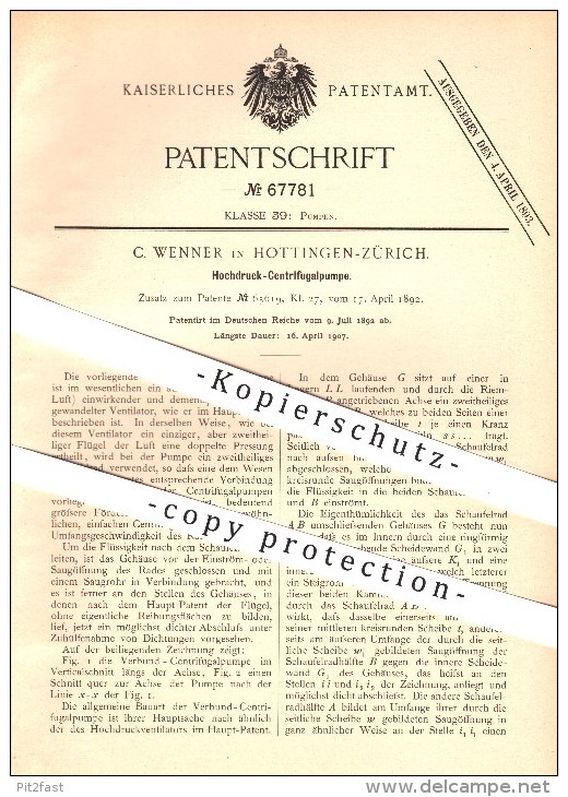 Original Patent - C. Wenner In Hottingen-Zürich , 1892 , Hochdruck - Zentrifugalpumpe , Pumpe , Pumpen !!! - Non Classés