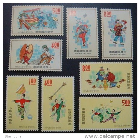 Collection Taiwan 1973-75 Chinese Folklore Stamps - Acrobat Shuttlecock Shell Fishing Oyster Boat Sport Costume Dance - Verzamelingen & Reeksen