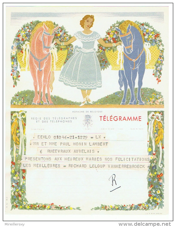 TELEGRAMME BELGIQUE TELEGRAM  FEMME PANIER DE FLEUR CHEVAL - Telegrammen