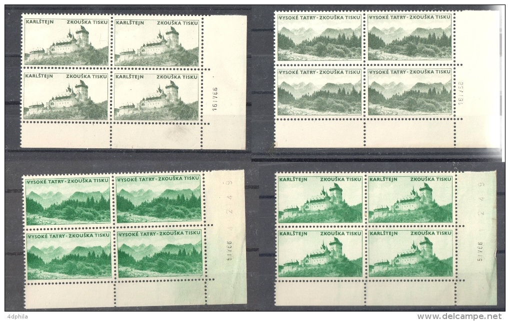 Czechoslovakia 1966 Zkou&scaron;ka Tisku - Light & Dark - 4 Blocks Of Dummy Stamps - Specimen Essay Proof Trial Probedru - Ensayos & Reimpresiones