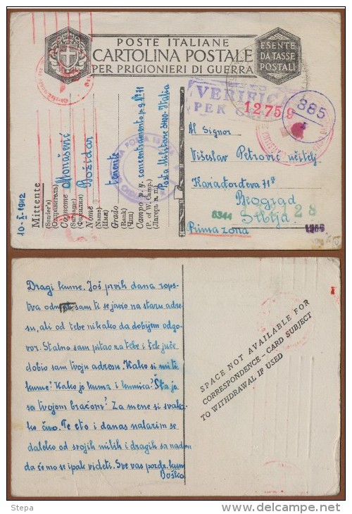 WW II ITALY-SERBIA-GERMANY, RED CROSS-POW CAMP CENSORED CARD P.M.3400-BELGRADE 1942 RARE!!!!! - Other & Unclassified