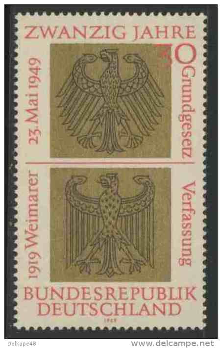 Deutschland Germany 1969 Mi 585 YT 448 Sc 998 ** Eagle Emblems Of Weimar And Federal Republics / Bundes- + Reichsadler - Ongebruikt