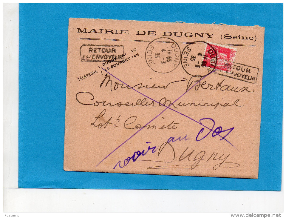 MARCOPHILIE-Lettre-MAIRIE DeDUGNY+cad 1935-"retour à L'envoyeur - Autres & Non Classés