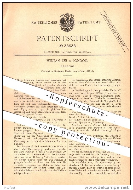 Original Patent - William Lee In London , 1886 , Bicycle ,  Fahrrad , Fahrräder !!! - Sonstige & Ohne Zuordnung