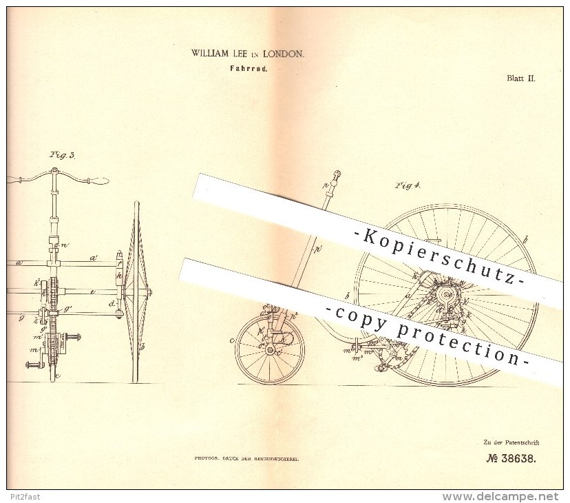 Original Patent - William Lee In London , 1886 , Bicycle ,  Fahrrad , Fahrräder !!! - Sonstige & Ohne Zuordnung