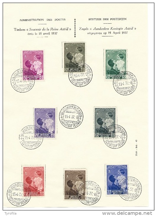 België   OBC   447 / 454    Herdenkingsblad   "Aandenken Koningin Astrid" - Souvenir Cards - Joint Issues [HK]