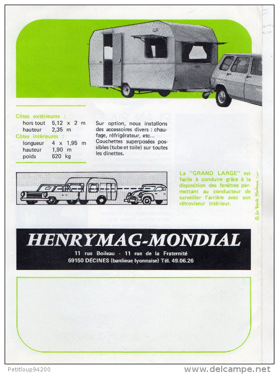 PUBLICITE  CARAVANES HENRYMAG-MONDIAL Grand Large CAMPING - Wohnwagen