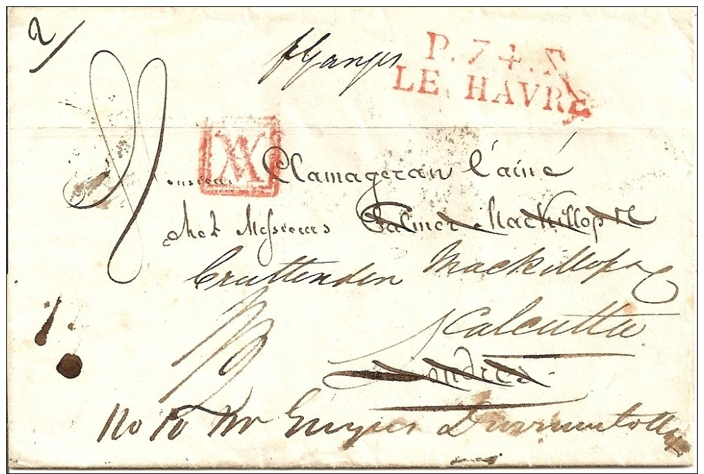 LAC  LE HAVRE  A CALCUTTA  DU 03/07/1827 - CACHET ROUGE P.74.P LE HAVRE   INDICE 9 - 1801-1848: Precursors XIX