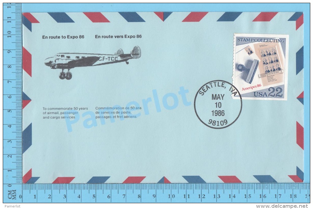 50 Eme Air Canada ( En Route  Expo 86, Cover Seattle Wa, 10-05-1986, Escale +  Trajet, Aerogramme )  2 Scans - Commemorative Covers