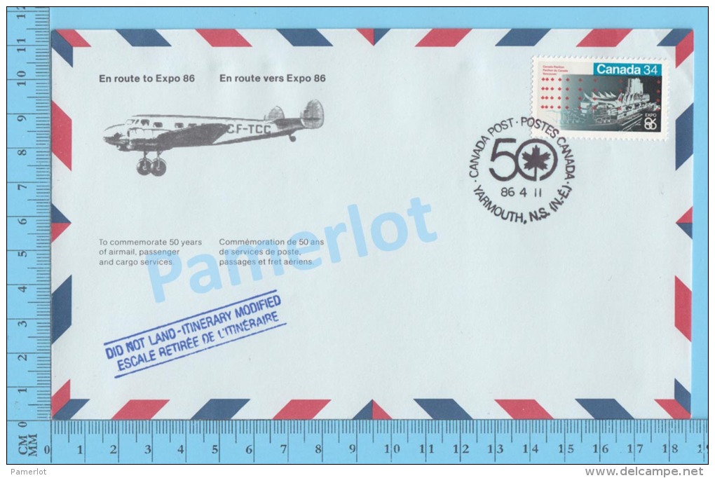 50 Eme Air Canada ( En Route  Expo 86, Service De Poste, Cover Yarmouth N.S. , 11-04-1986,  Aerogramme )  2 Scans - Commemorative Covers