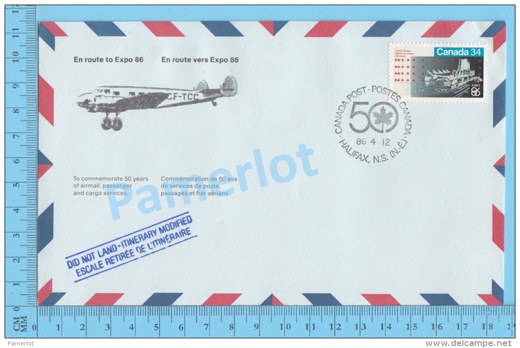 50 Eme Air Canada ( En Route  Expo 86, Service De Poste, Cover Halifax N.S. , 12-04-1986,  Aerogramme )  2 Scans - Commemorative Covers