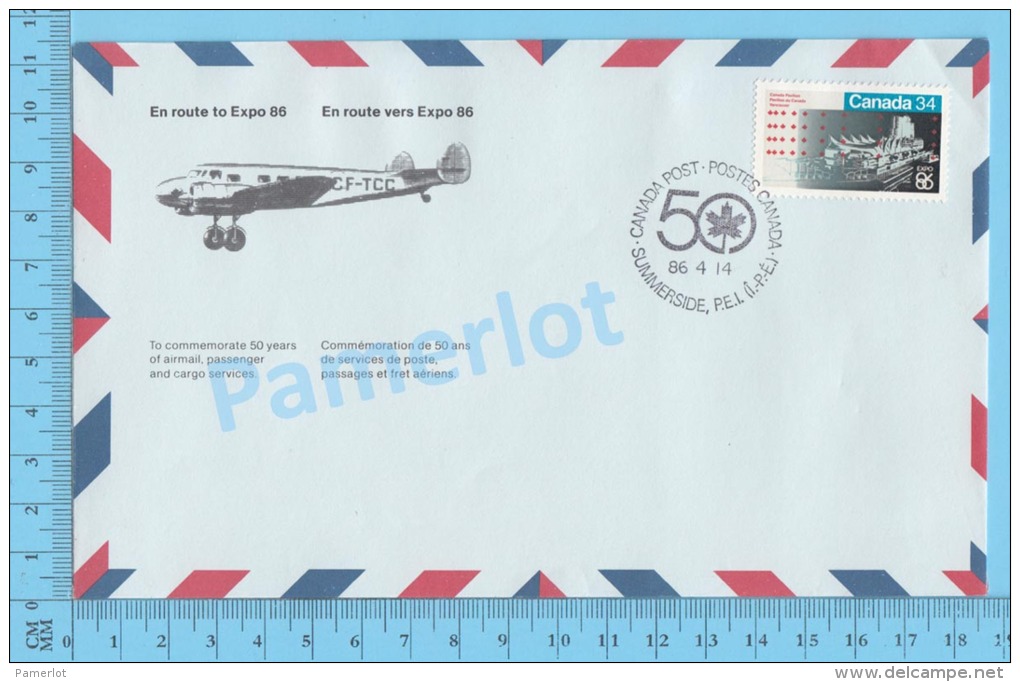 50 Eme Air Canada ( En Route  Expo 86, Service De Poste, Escale Summerside P.E.I. , 14-04-1986,  Aerogramme )  2 Scans - Commemorative Covers