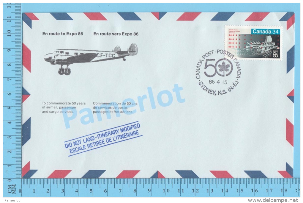 50 Eme Air Canada ( En Route  Expo 86, Service De Poste, Cover Sydney N.S., 15-04-1986,  Aerogramme )  2 Scans - Commemorative Covers