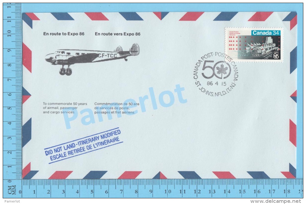 50 Eme Air Canada ( En Route  Expo 86, Service De Poste, Cover St-John's NFLD, 15-04-1986,  Aerogramme )  2 Scans - Commemorative Covers