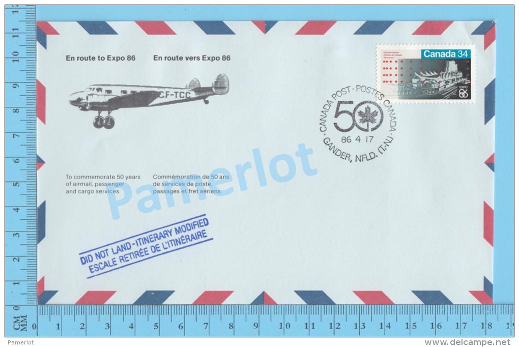 50 Eme Air Canada ( En Route  Expo 86, Service De Poste, Cover Gander NFLD, 17-04-1986,  Aerogramme )  2 Scans - Commemorative Covers