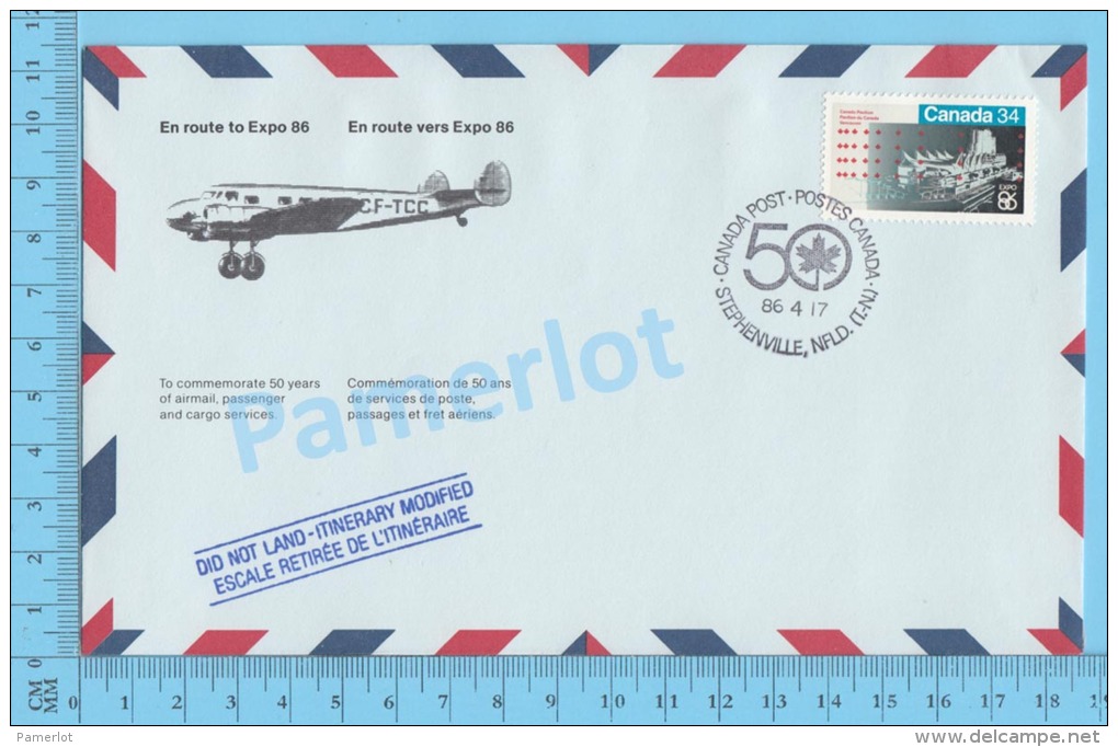 50 Eme Air Canada ( En Route  Expo 86, Service De Poste,  Cover Stephenville NFLD, 17-04-1986,  Aerogramme )  2 Scans - Commemorative Covers