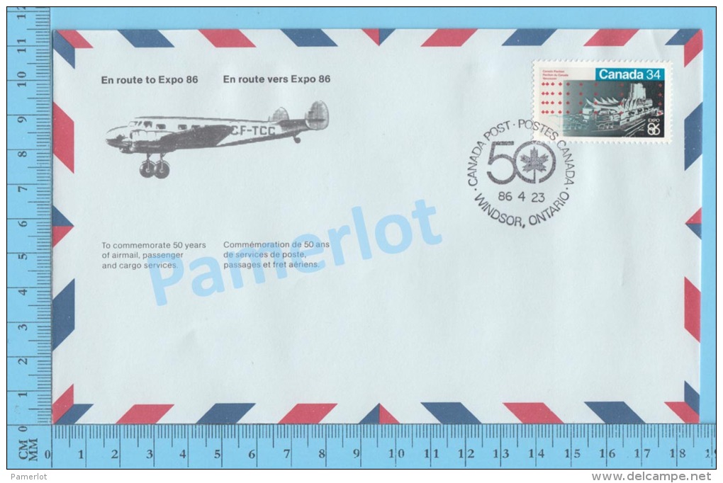 50 Eme Air Canada ( En Route  Expo 86, Service De Poste,  Escale Windsor Ontario 23-04-1986,  Aerogramme )  2 Scans - Commemorative Covers