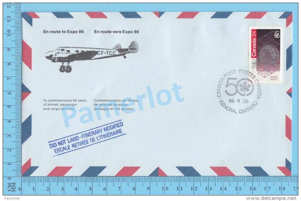 50 Eme Air Canada ( En Route  Expo 86, Service De Poste, Cover Kenora Ontario, 28-04-1986,  Aerogramme )  2 Scans - Commemorative Covers