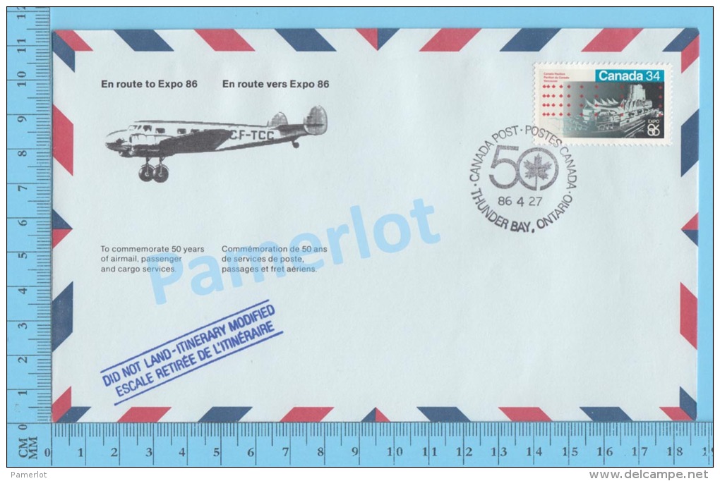 50 Eme Air Canada ( En Route  Expo 86, Service De Poste, Cover Thunder Bay Ontario, 27-04-1986,  Aerogramme )  2 Scans - Enveloppes Commémoratives