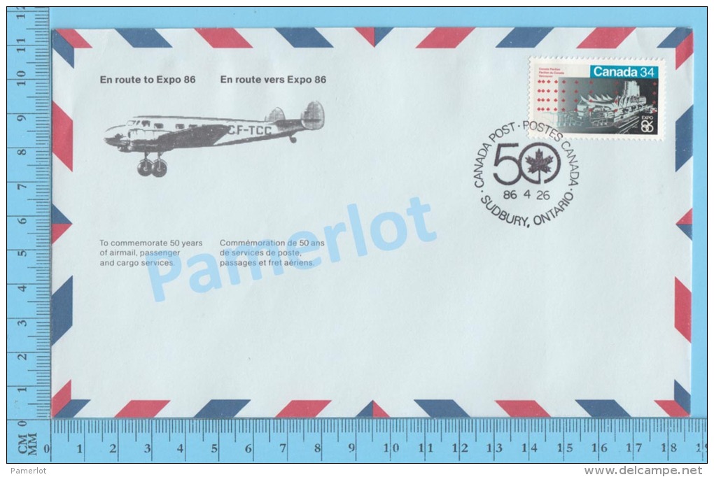 50 Eme Air Canada ( En Route  Expo 86, Service De Poste, Escale Sudbury Ontario, 26-04-1986, Aerogramme )2 Scans - Commemorative Covers