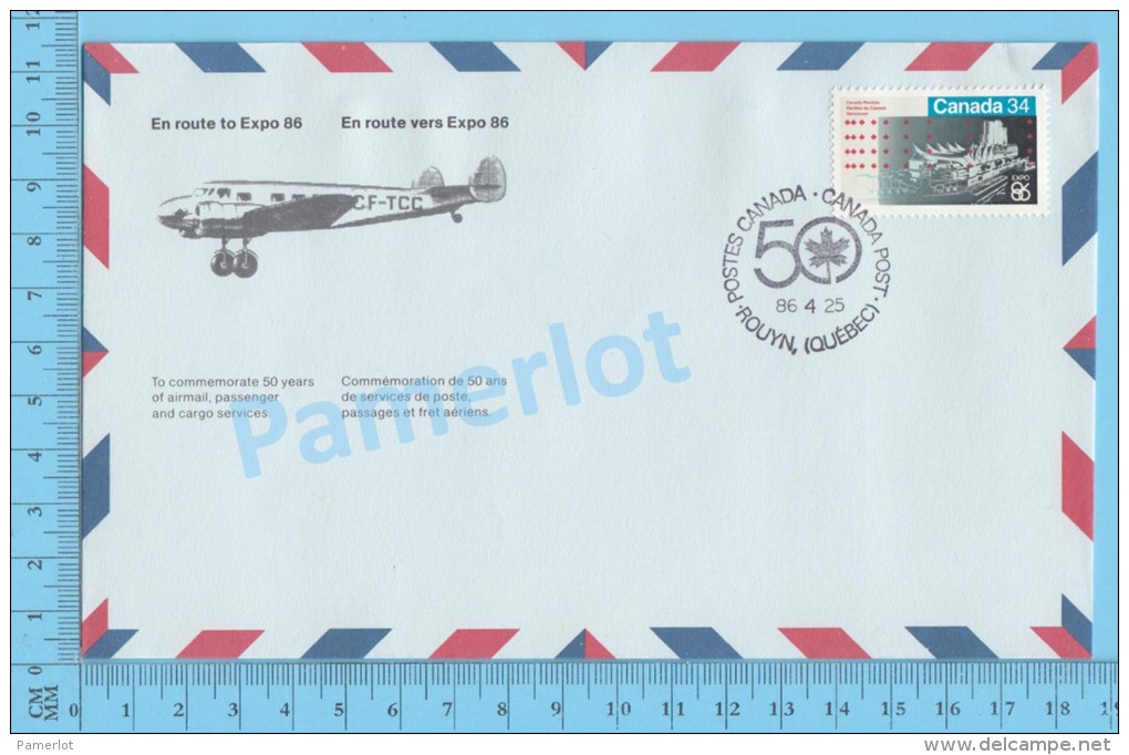 50 Eme Air Canada ( En Route  Expo 86, Service De Poste, Escale Rouyn Quebec, 25-04-1986, Aerogramme )2 Scans - Commemorative Covers