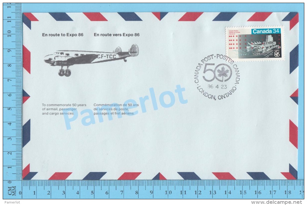 50 Eme Air Canada ( En Route  Expo 86, Service De Poste, Escale London Ontario, 23-04-1986, Aerogramme )2 Scans - Enveloppes Commémoratives