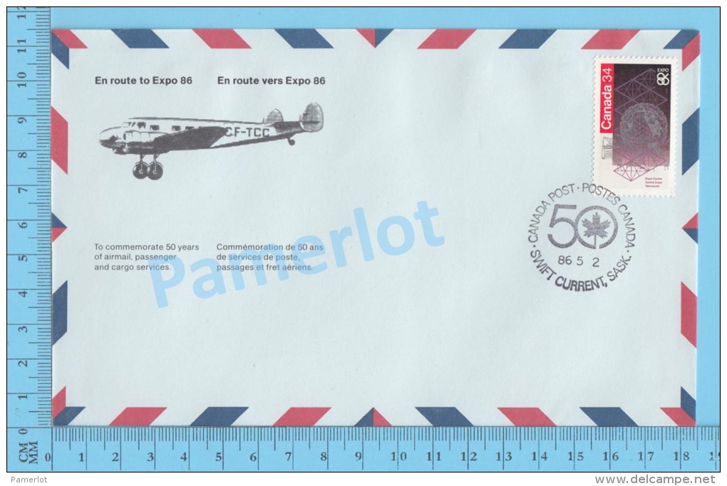 50 Eme Air Canada ( En Route  Expo 86, Service De Poste, Escale Swift Current SASK., 02-05-1986, Aerogramme )2 Scans - Commemorative Covers